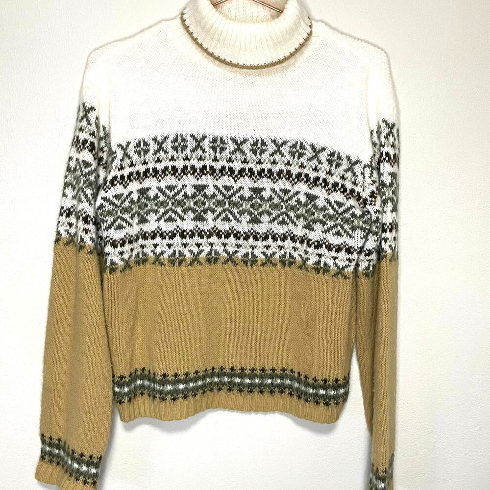 Vintage Arizona Jean Co. Womens Cowl Neck Geometric Cream White Design Sweater